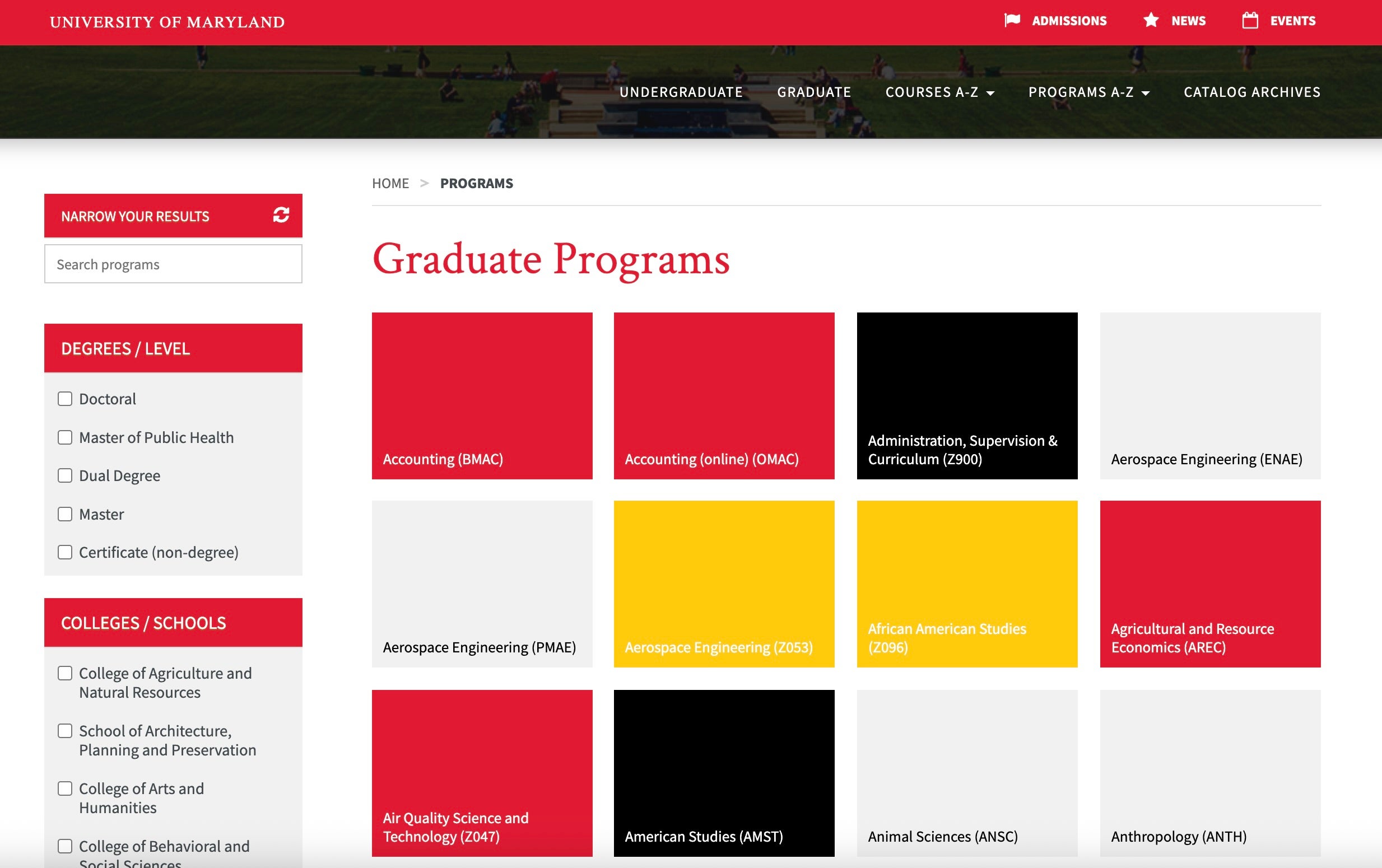 Screenshot of Academic Catalog Website